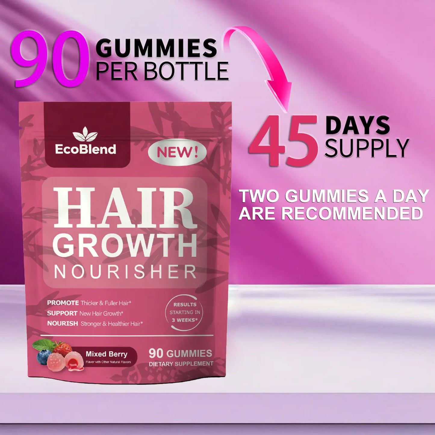 Ecoblend Women'S Hair Growth Dietary Supplement Gummies - Natural Blend, Prop 65 Safe, Gentle Formula for Thinning Hair Nourishment & Fuller Locks, Filled, Mixed Berry Flavor, 90 Count (45-Day Supply), Chewable, Hair & Nail Care
