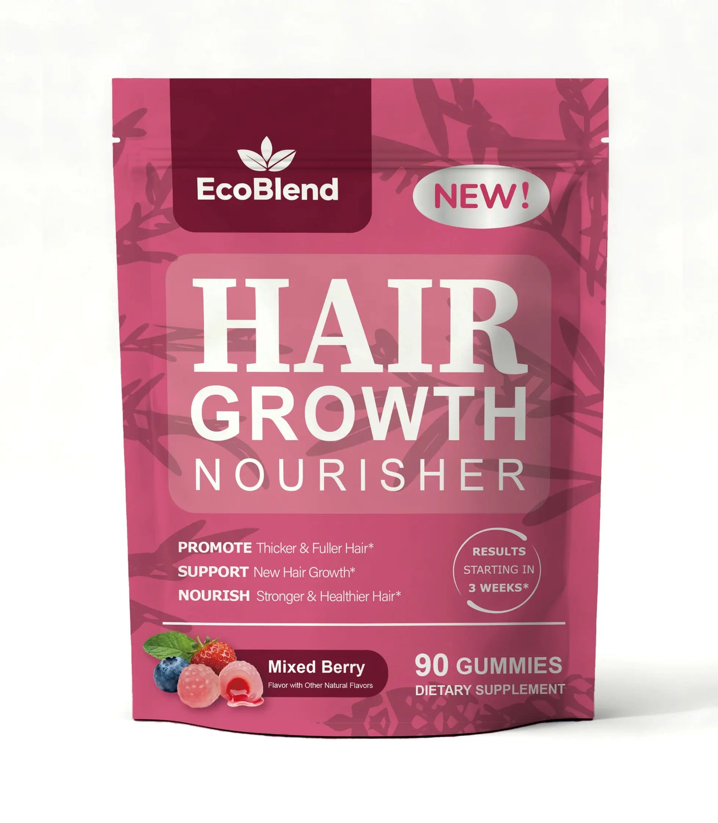 Ecoblend Women'S Hair Growth Dietary Supplement Gummies - Natural Blend, Prop 65 Safe, Gentle Formula for Thinning Hair Nourishment & Fuller Locks, Filled, Mixed Berry Flavor, 90 Count (45-Day Supply), Chewable, Hair & Nail Care