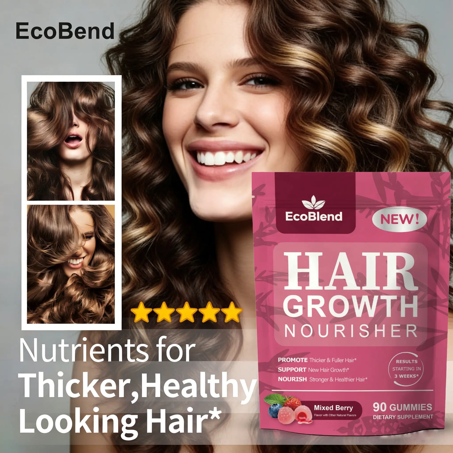 Ecoblend Women'S Hair Growth Dietary Supplement Gummies - Natural Blend, Prop 65 Safe, Gentle Formula for Thinning Hair Nourishment & Fuller Locks, Filled, Mixed Berry Flavor, 90 Count (45-Day Supply), Chewable, Hair & Nail Care