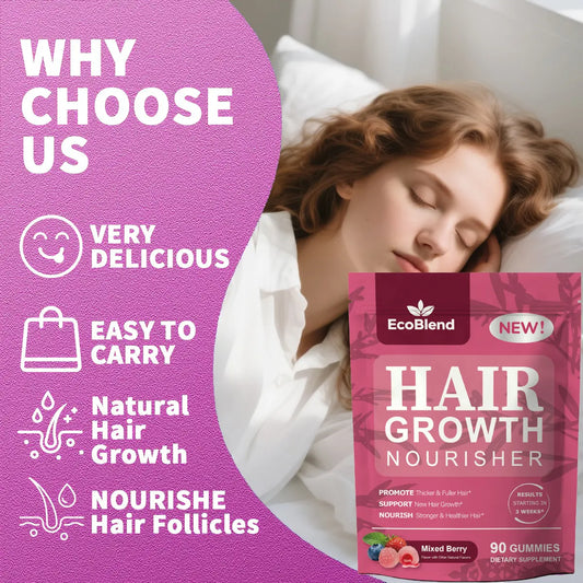 Ecoblend Women'S Hair Growth Dietary Supplement Gummies - Natural Blend, Prop 65 Safe, Gentle Formula for Thinning Hair Nourishment & Fuller Locks, Filled, Mixed Berry Flavor, 90 Count (45-Day Supply), Chewable, Hair & Nail Care